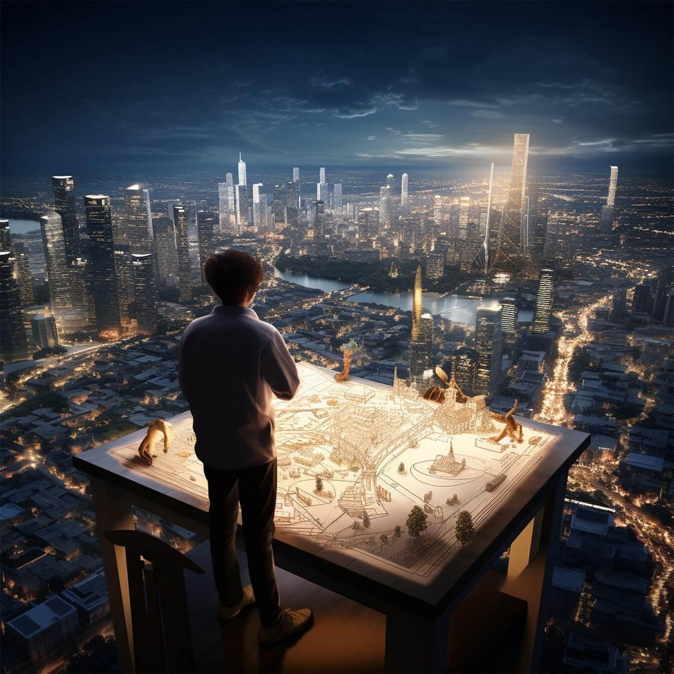 Young person looking out over a city skyline