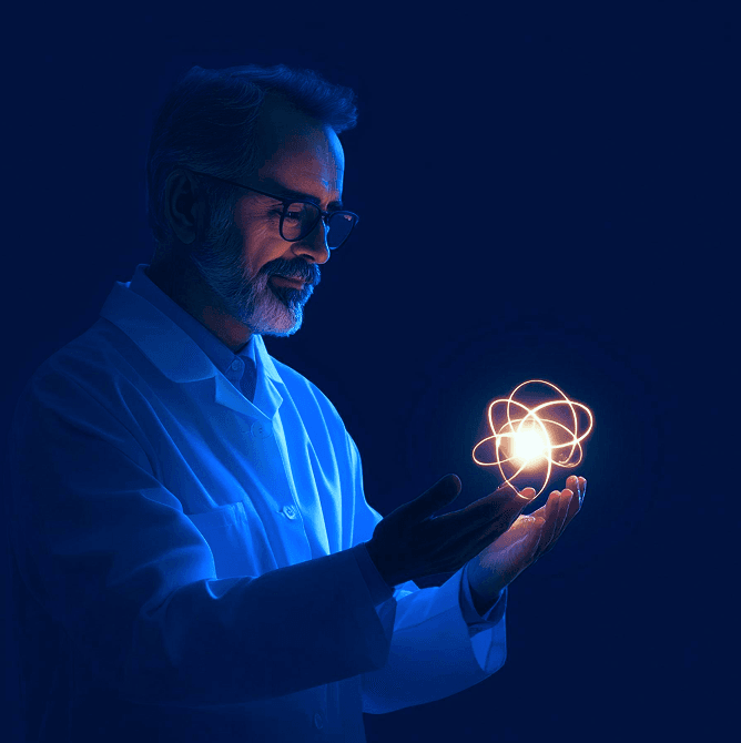 Person holding an atom illustration