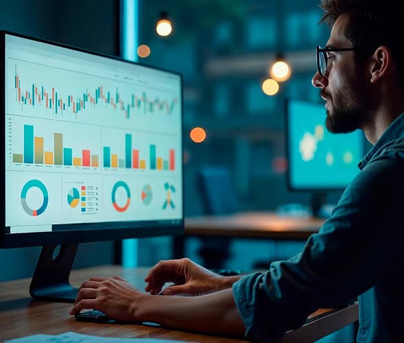 man looking at graphs on laptop