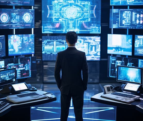man looking at graphs on multiple screens