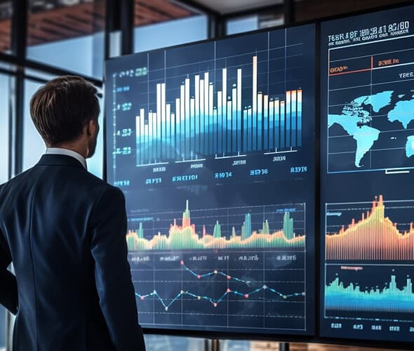 man looking at graphs on screen
