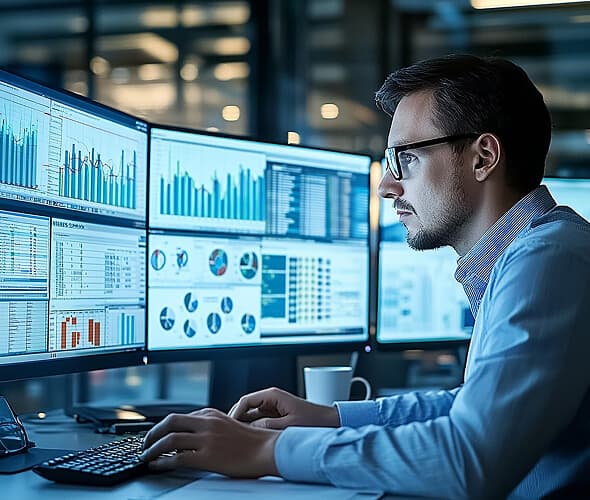 man looking multiple screen