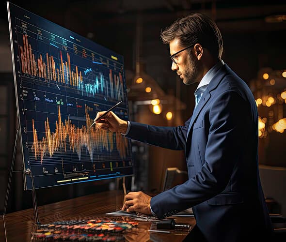man with pen on screen