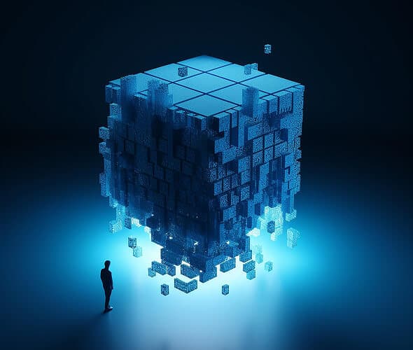 man looking at huge block